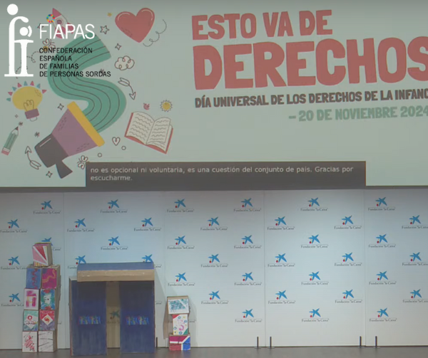 JÓVENES ADOLESCENTES CON SORDERA REPRESENTANTES DE FIAPAS PARTICIPAN EN EL ACTO DEL DÍA UNIVERSAL  DE LOS DERECHOS DE LA INFANCIA ORGANIZADO POR LA PLATAFORMA  DE ORGANIZACIONES DE INFANCIA Y EL MINISTERIO DE JUVENTUD E INFANCIA 